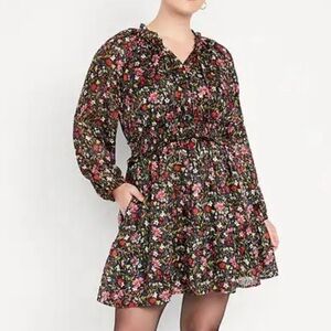 Old Navy Floral Metallic Waist-Defined Shine Mini Dress Black/Pink Spring Sz 2X